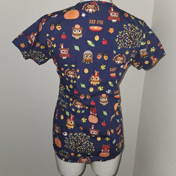 Zoe + Chloe Thanksgiving Scrubs Top Shirt XS Blue Orange Owl Turkey Pilgrim Pie - Picture 3 of 8